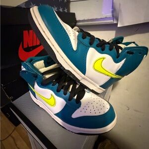 Nike Dunk High Kids Teal and White Sneakers with Yellow Swoosh